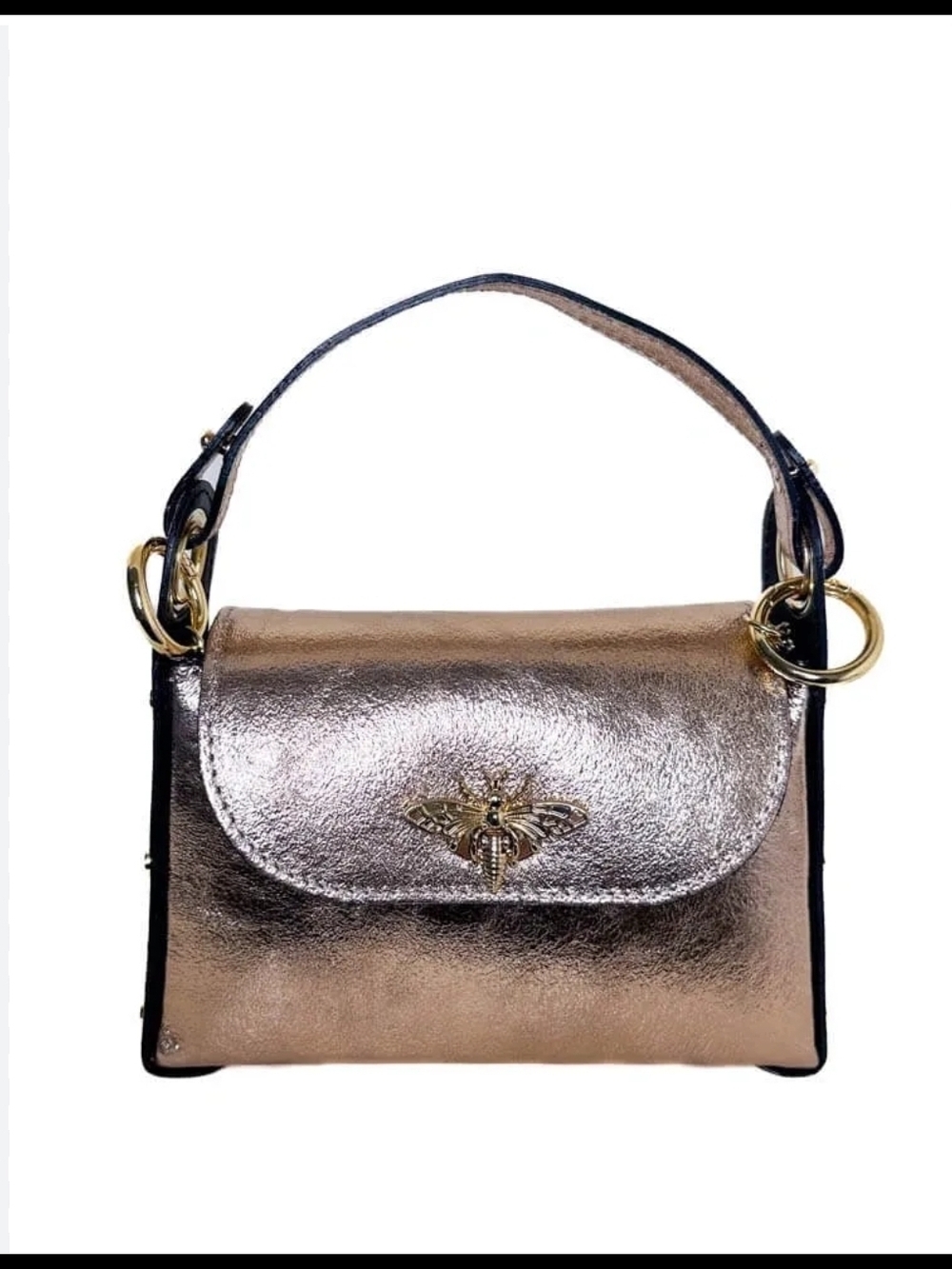 Vera Pelle Metallic Rose Mini Top-Handle Bag with Bee Accent